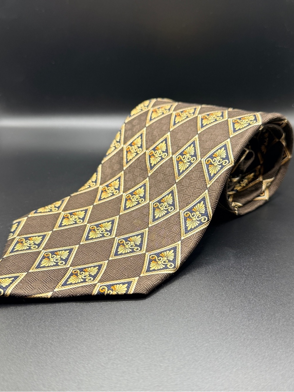 Christian Dior Monsieur Vintage 100% Silk Tie Geometric Diamond Grid Taupe Gold